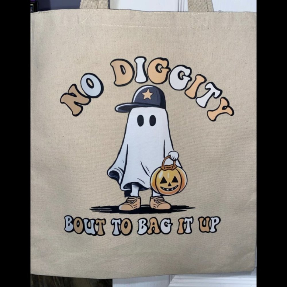Halloween trick or treat canvas tote bag, No Diggity Bout To Bag It Up, ghost